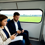 A diverse group of passengers, fully clothed in professional and modest attire, are comfortably seated inside a clean, modern Belgian train carriage. One person is attentively viewing a public transport app on their smartphone, while another gazes out the window at the picturesque Belgian countryside, featuring green fields and distant charming towns bathed in natural light. The scene conveys a sense of efficient, calm, and connected travel, captured with a professional eye. Perfect anatomy, correct proportions, natural poses, well-formed hands, proper finger count, natural body proportions. High quality professional photography, sharp focus, high resolution, safe for work, appropriate content, fully clothed, family-friendly.
