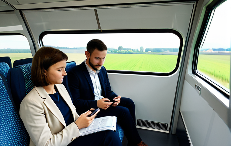 A diverse group of passengers, fully clothed in professional and modest attire, are comfortably seated inside a clean, modern Belgian train carriage. One person is attentively viewing a public transport app on their smartphone, while another gazes out the window at the picturesque Belgian countryside, featuring green fields and distant charming towns bathed in natural light. The scene conveys a sense of efficient, calm, and connected travel, captured with a professional eye. Perfect anatomy, correct proportions, natural poses, well-formed hands, proper finger count, natural body proportions. High quality professional photography, sharp focus, high resolution, safe for work, appropriate content, fully clothed, family-friendly.