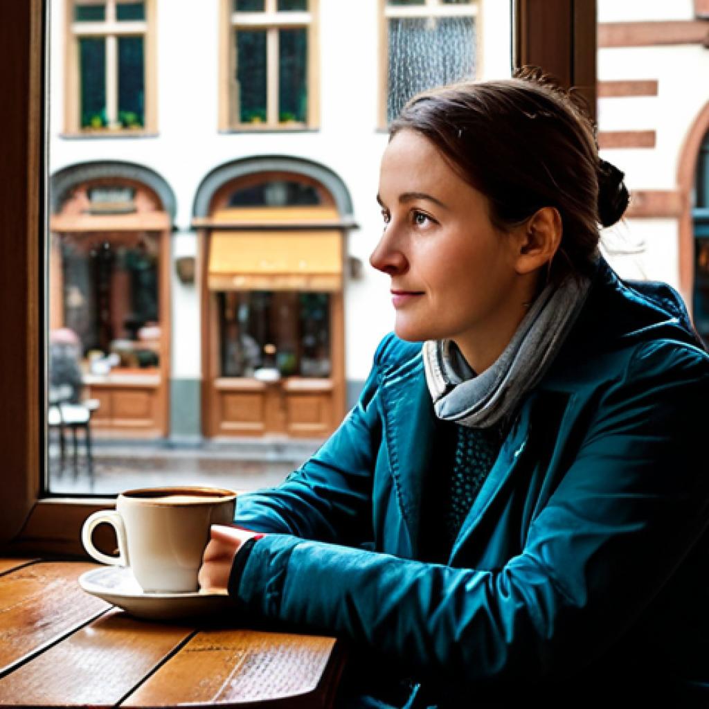 A professional traveler, fully clothed in modest, comfortable layered attire suitable for a cool climate, is seated by a large window inside a charming, historic Belgian cafe. Rain gently streaks down the windowpane, reflecting the soft, warm interior lighting. On the polished wooden table, a warm cup of coffee steams. The traveler is looking out, enjoying a moment of quiet contemplation. The blurred background shows cobblestone streets and antique buildings, indicating the historical city outside. The scene evokes a cozy, tranquil atmosphere. safe for work, appropriate content, fully clothed, family-friendly, perfect anatomy, correct proportions, natural pose, well-formed hands, proper finger count, natural body proportions, professional photography, high quality.