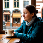 A professional traveler, fully clothed in modest, comfortable layered attire suitable for a cool climate, is seated by a large window inside a charming, historic Belgian cafe. Rain gently streaks down the windowpane, reflecting the soft, warm interior lighting. On the polished wooden table, a warm cup of coffee steams. The traveler is looking out, enjoying a moment of quiet contemplation. The blurred background shows cobblestone streets and antique buildings, indicating the historical city outside. The scene evokes a cozy, tranquil atmosphere. safe for work, appropriate content, fully clothed, family-friendly, perfect anatomy, correct proportions, natural pose, well-formed hands, proper finger count, natural body proportions, professional photography, high quality.