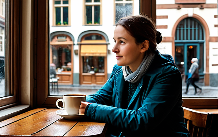 A professional traveler, fully clothed in modest, comfortable layered attire suitable for a cool climate, is seated by a large window inside a charming, historic Belgian cafe. Rain gently streaks down the windowpane, reflecting the soft, warm interior lighting. On the polished wooden table, a warm cup of coffee steams. The traveler is looking out, enjoying a moment of quiet contemplation. The blurred background shows cobblestone streets and antique buildings, indicating the historical city outside. The scene evokes a cozy, tranquil atmosphere. safe for work, appropriate content, fully clothed, family-friendly, perfect anatomy, correct proportions, natural pose, well-formed hands, proper finger count, natural body proportions, professional photography, high quality.