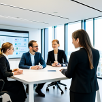 A diverse group of five professionals, three men and two women, in modern business attire, collaborating around a sleek conference table in a bright, futuristic innovation hub. Digital displays subtly show graphs and data. The atmosphere is collaborative and forward-thinking, embodying Belgium's focus on green energy, biotech, and digital transformation. High-resolution, professional photography, natural lighting, sharp focus, perfect anatomy, correct proportions, well-formed hands, proper finger count, natural pose. fully clothed, modest clothing, appropriate attire, professional dress, safe for work, appropriate content, professional.