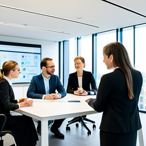 A diverse group of five professionals, three men and two women, in modern business attire, collaborating around a sleek conference table in a bright, futuristic innovation hub. Digital displays subtly show graphs and data. The atmosphere is collaborative and forward-thinking, embodying Belgium's focus on green energy, biotech, and digital transformation. High-resolution, professional photography, natural lighting, sharp focus, perfect anatomy, correct proportions, well-formed hands, proper finger count, natural pose. fully clothed, modest clothing, appropriate attire, professional dress, safe for work, appropriate content, professional.