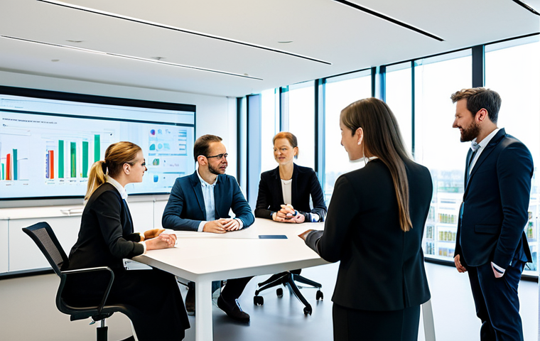 A diverse group of five professionals, three men and two women, in modern business attire, collaborating around a sleek conference table in a bright, futuristic innovation hub. Digital displays subtly show graphs and data. The atmosphere is collaborative and forward-thinking, embodying Belgium's focus on green energy, biotech, and digital transformation. High-resolution, professional photography, natural lighting, sharp focus, perfect anatomy, correct proportions, well-formed hands, proper finger count, natural pose. fully clothed, modest clothing, appropriate attire, professional dress, safe for work, appropriate content, professional.